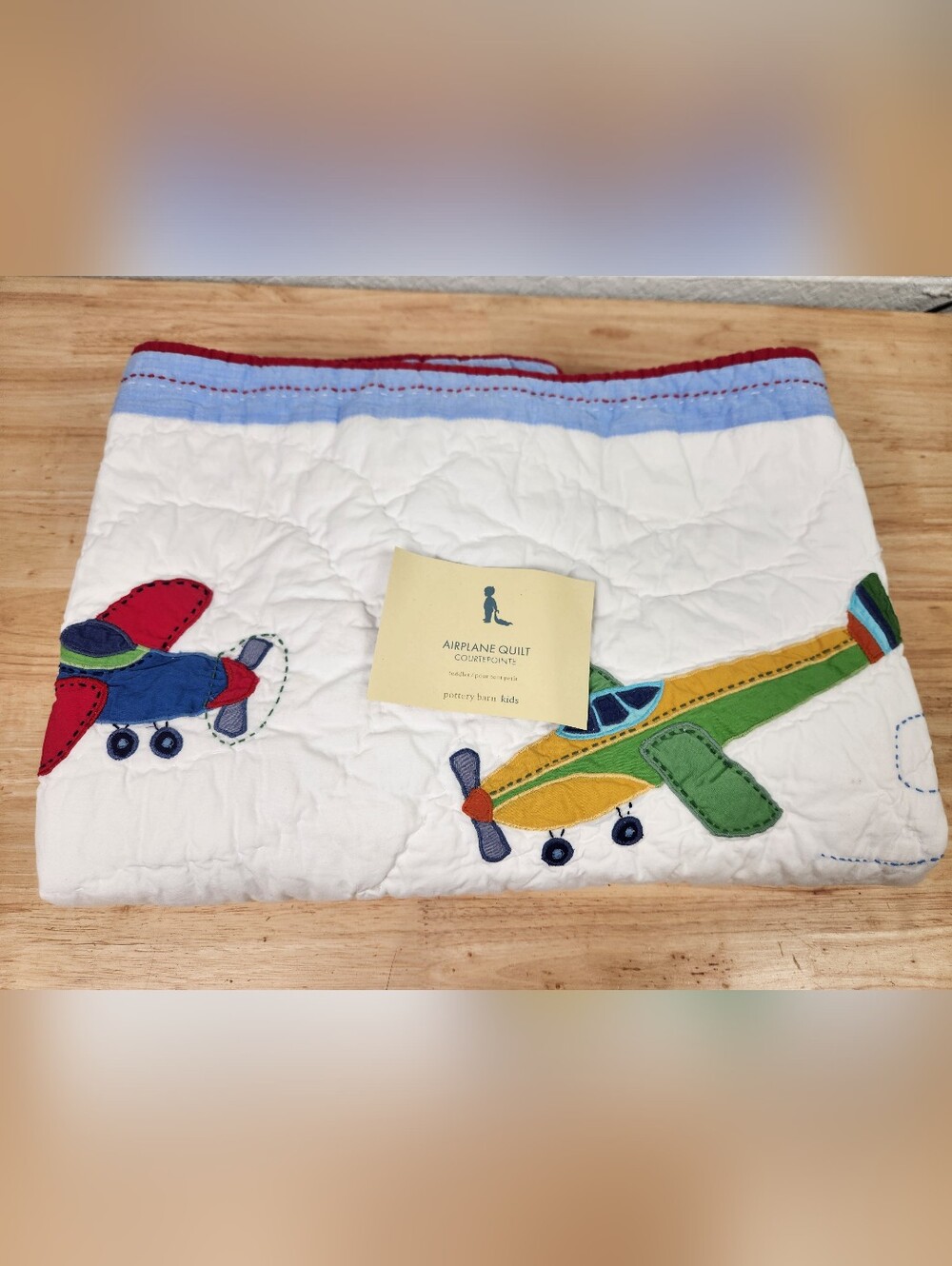 Pottery Barn Kids Airplanes Crib/Toddler Quilt 50x36 NOS Embroidered Flight